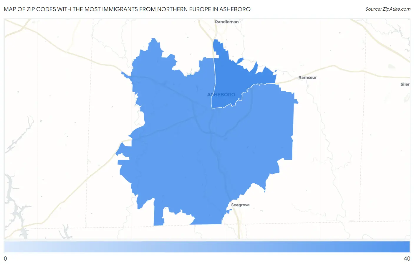Zip Codes with the Most Immigrants from Northern Europe in Asheboro Map
