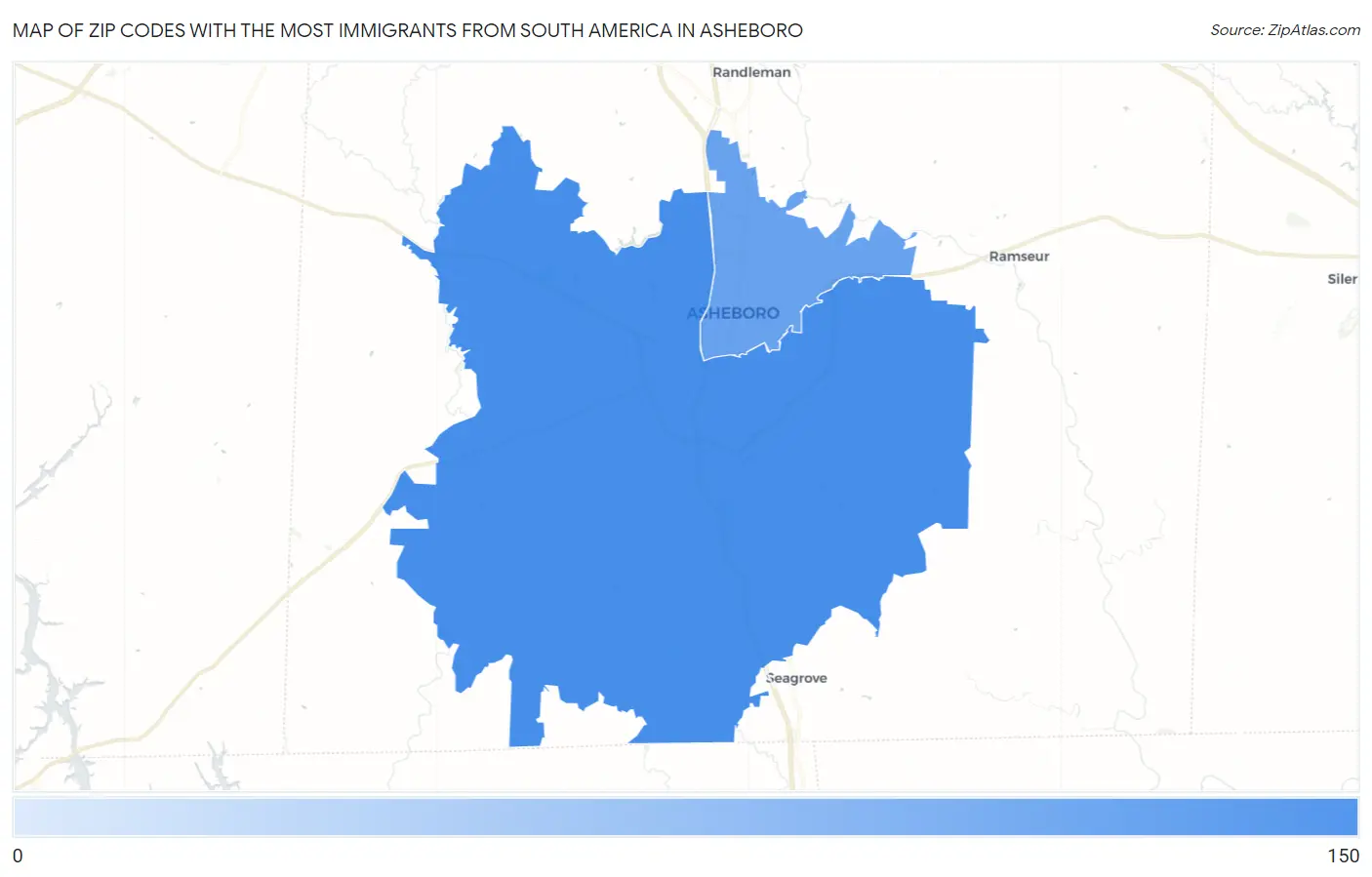 Zip Codes with the Most Immigrants from South America in Asheboro Map