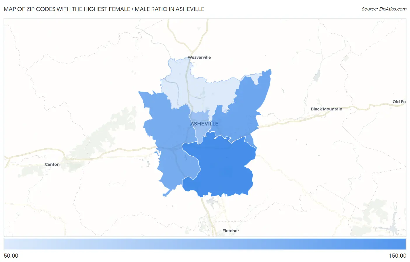 Zip Codes with the Highest Female / Male Ratio in Asheville Map