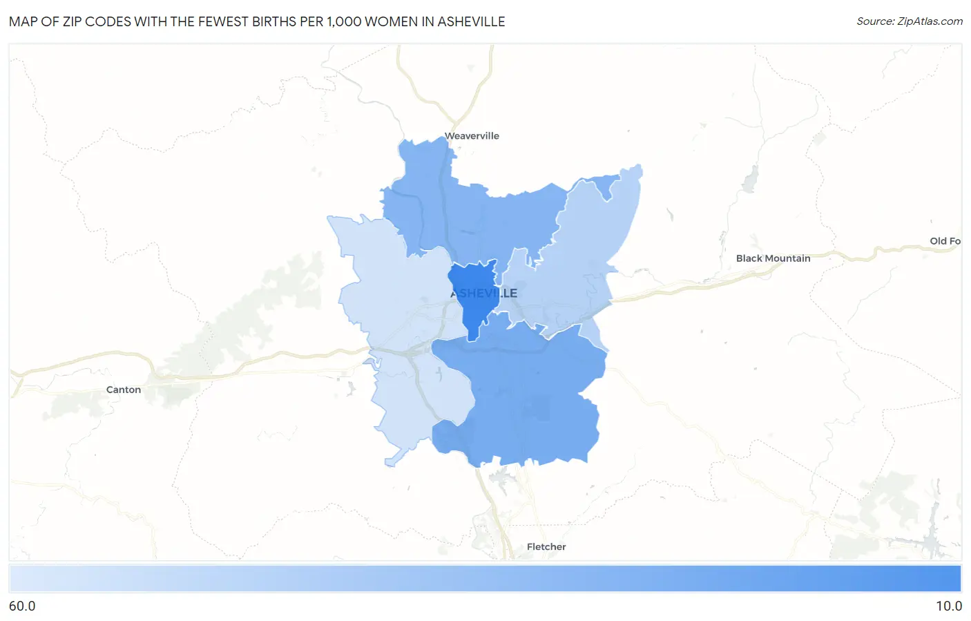 Zip Codes with the Fewest Births per 1,000 Women in Asheville Map