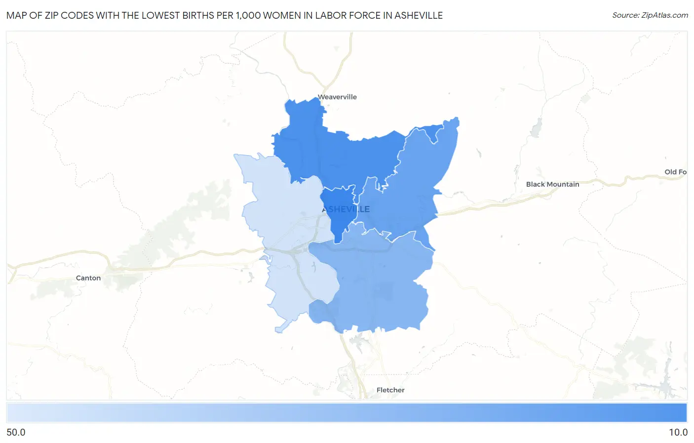 Zip Codes with the Lowest Births per 1,000 Women in Labor Force in Asheville Map