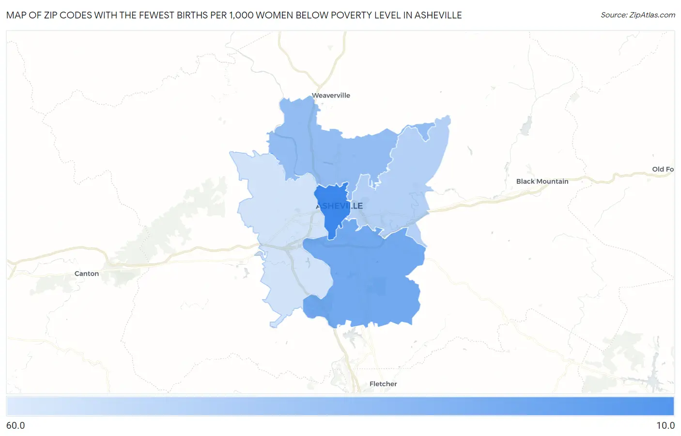 Zip Codes with the Fewest Births per 1,000 Women Below Poverty Level in Asheville Map