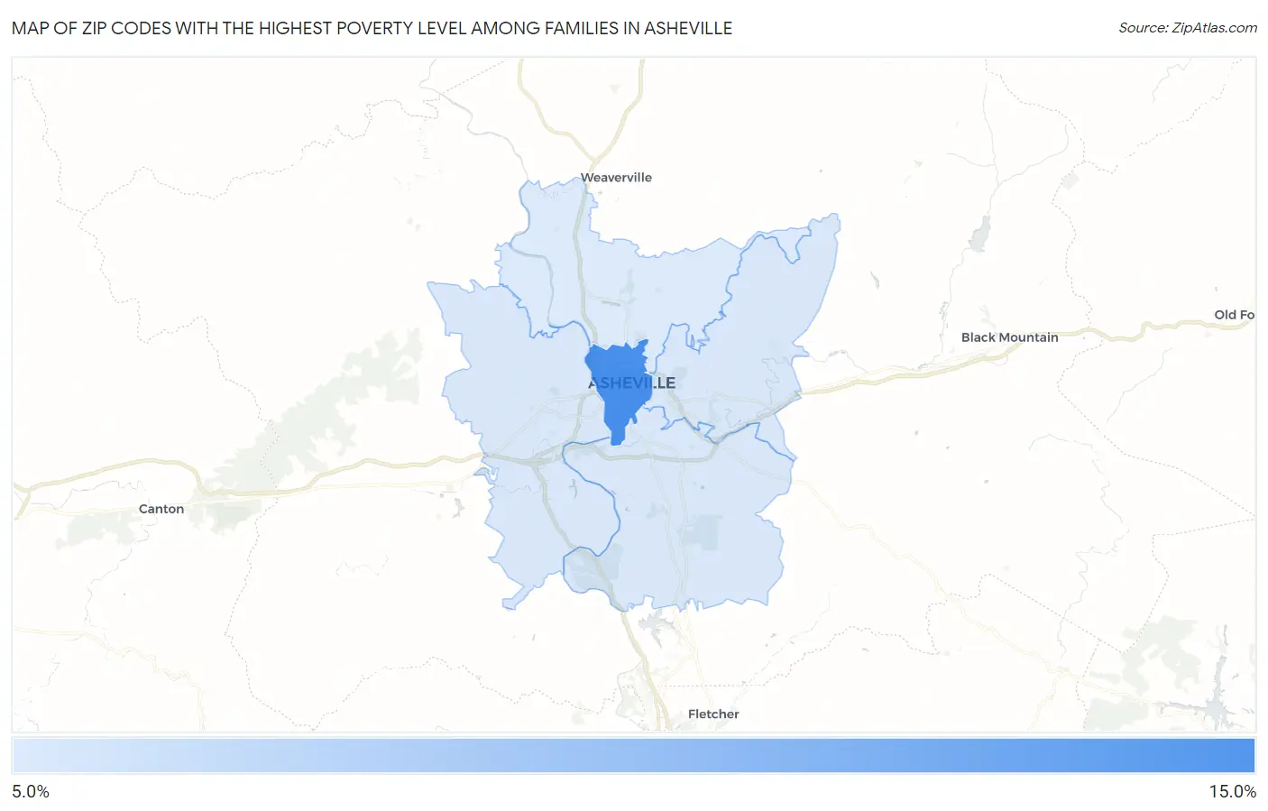 Zip Codes with the Highest Poverty Level Among Families in Asheville Map