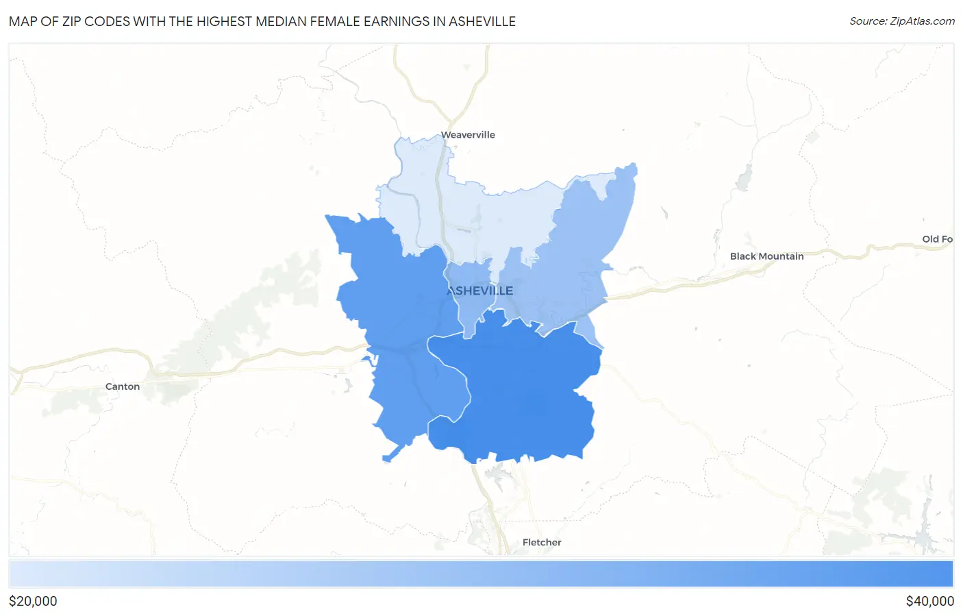 Zip Codes with the Highest Median Female Earnings in Asheville Map