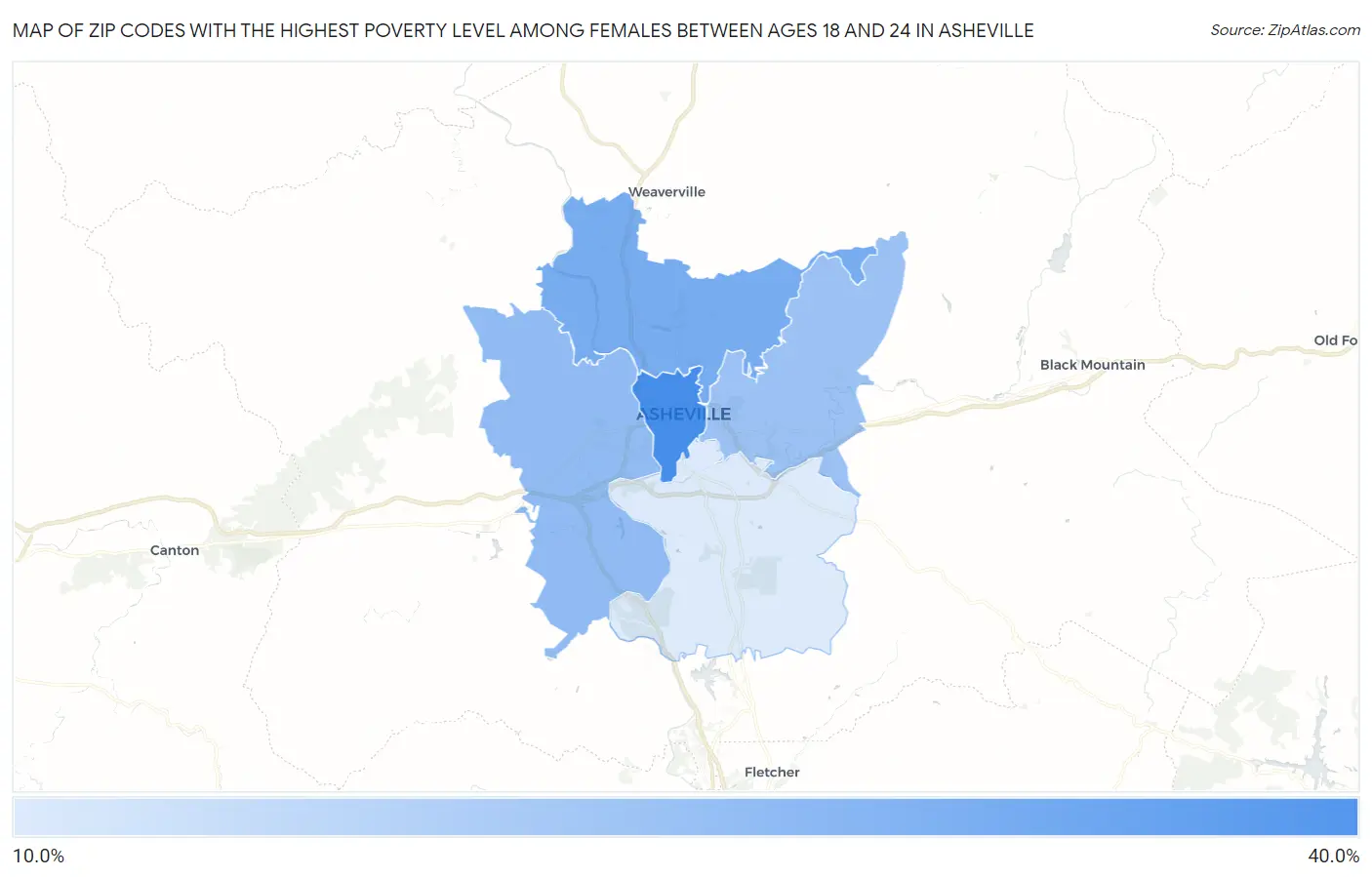 Zip Codes with the Highest Poverty Level Among Females Between Ages 18 and 24 in Asheville Map