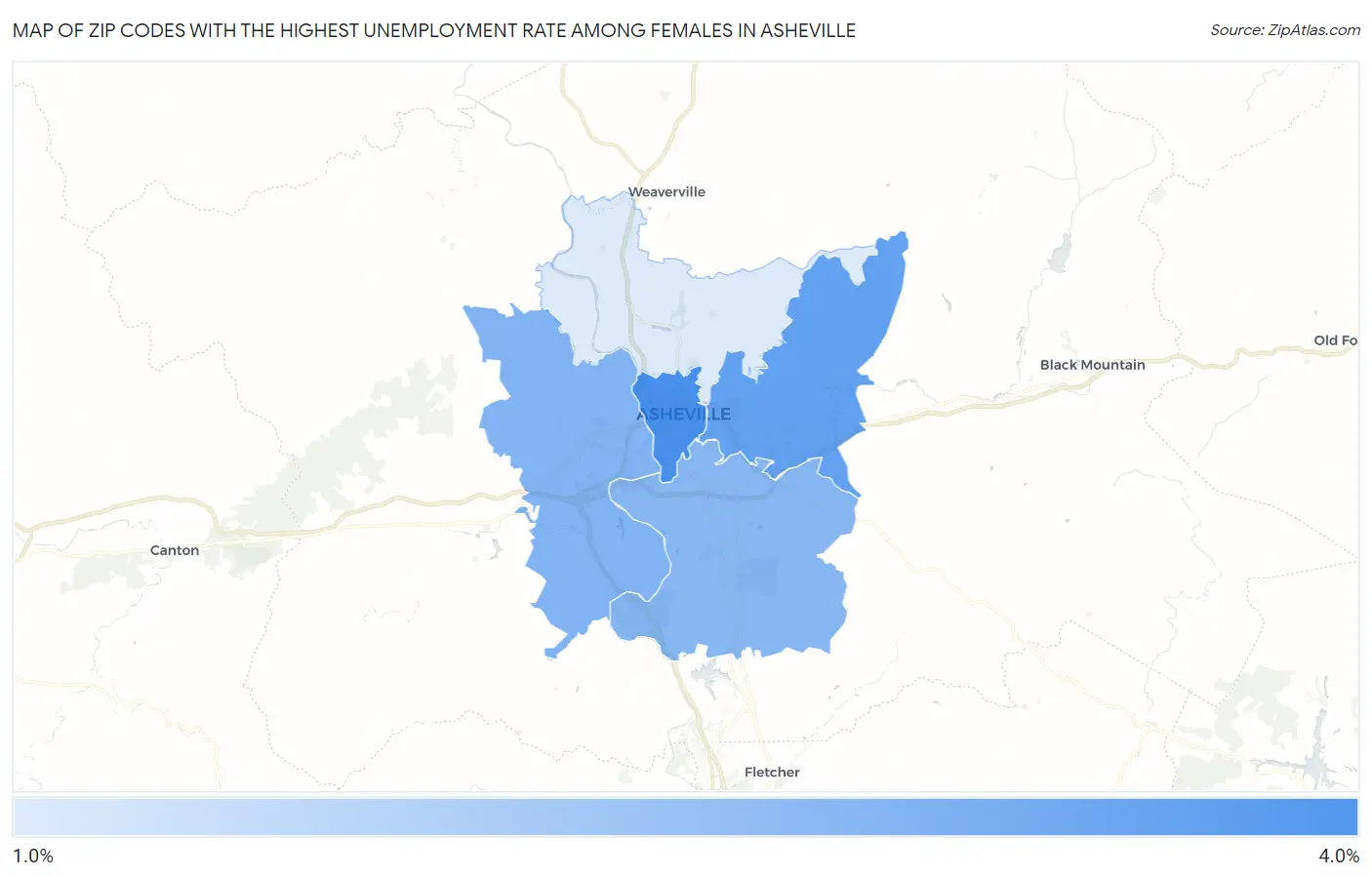Zip Codes with the Highest Unemployment Rate Among Females in Asheville Map