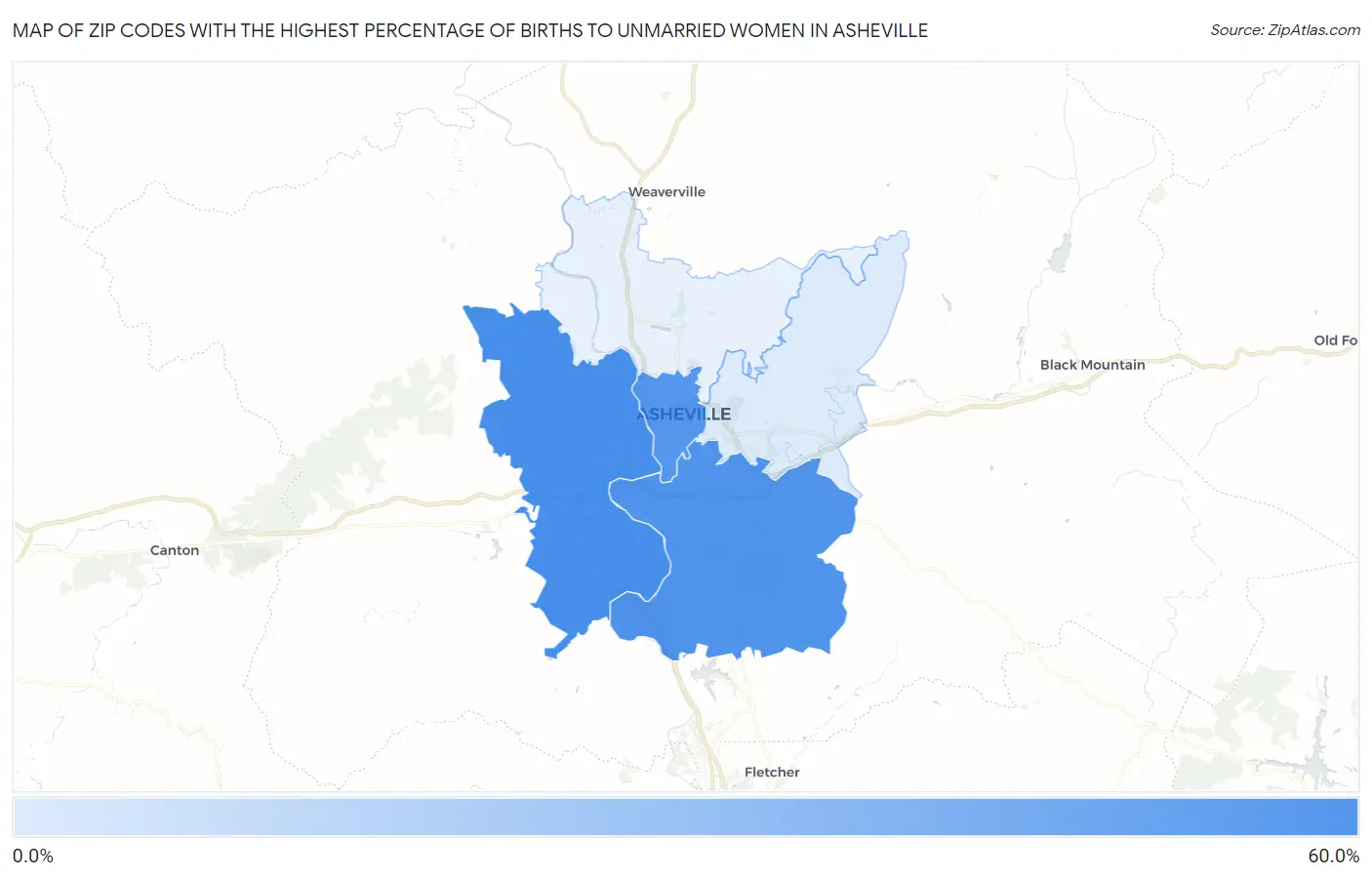 Zip Codes with the Highest Percentage of Births to Unmarried Women in Asheville Map