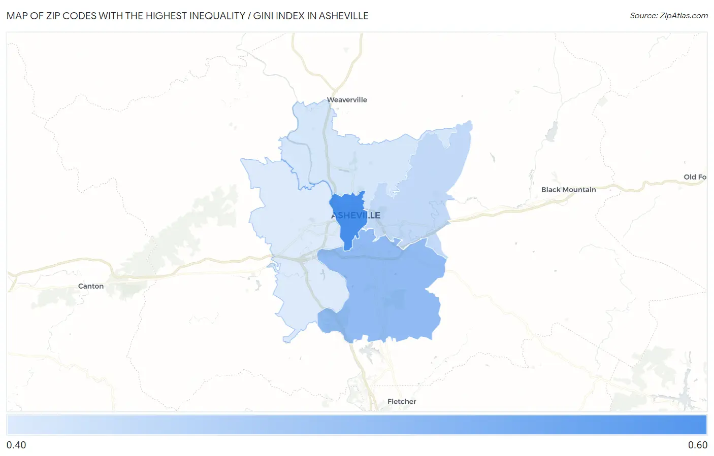 Zip Codes with the Highest Inequality / Gini Index in Asheville Map