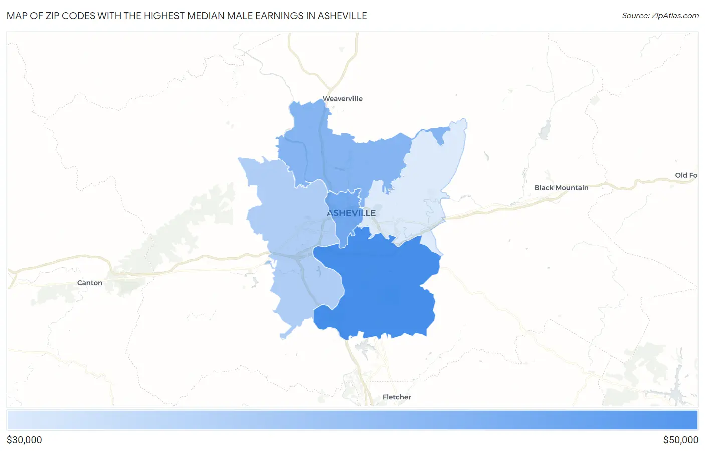 Zip Codes with the Highest Median Male Earnings in Asheville Map