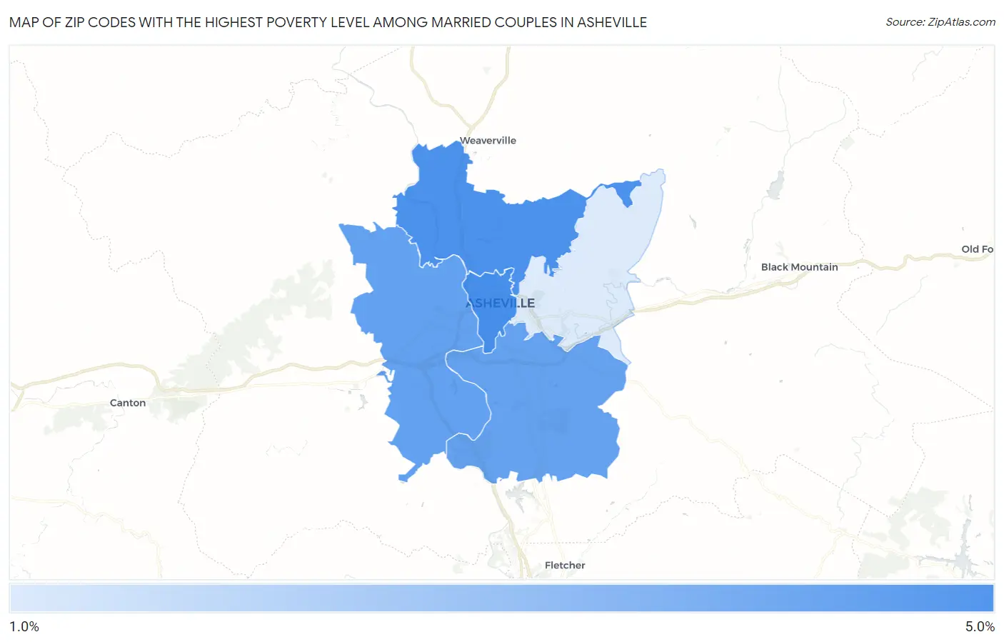 Zip Codes with the Highest Poverty Level Among Married Couples in Asheville Map