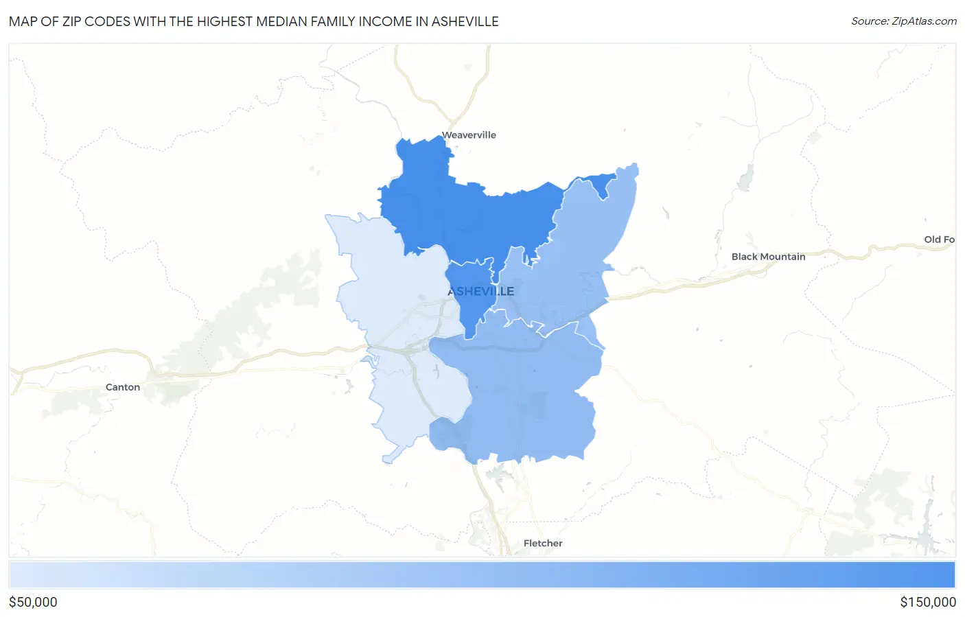 Zip Codes with the Highest Median Family Income in Asheville Map