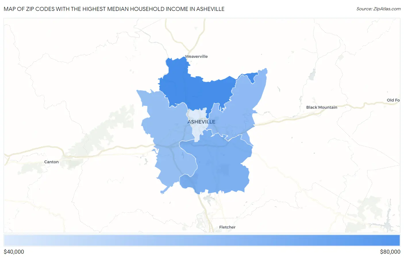 Zip Codes with the Highest Median Household Income in Asheville Map