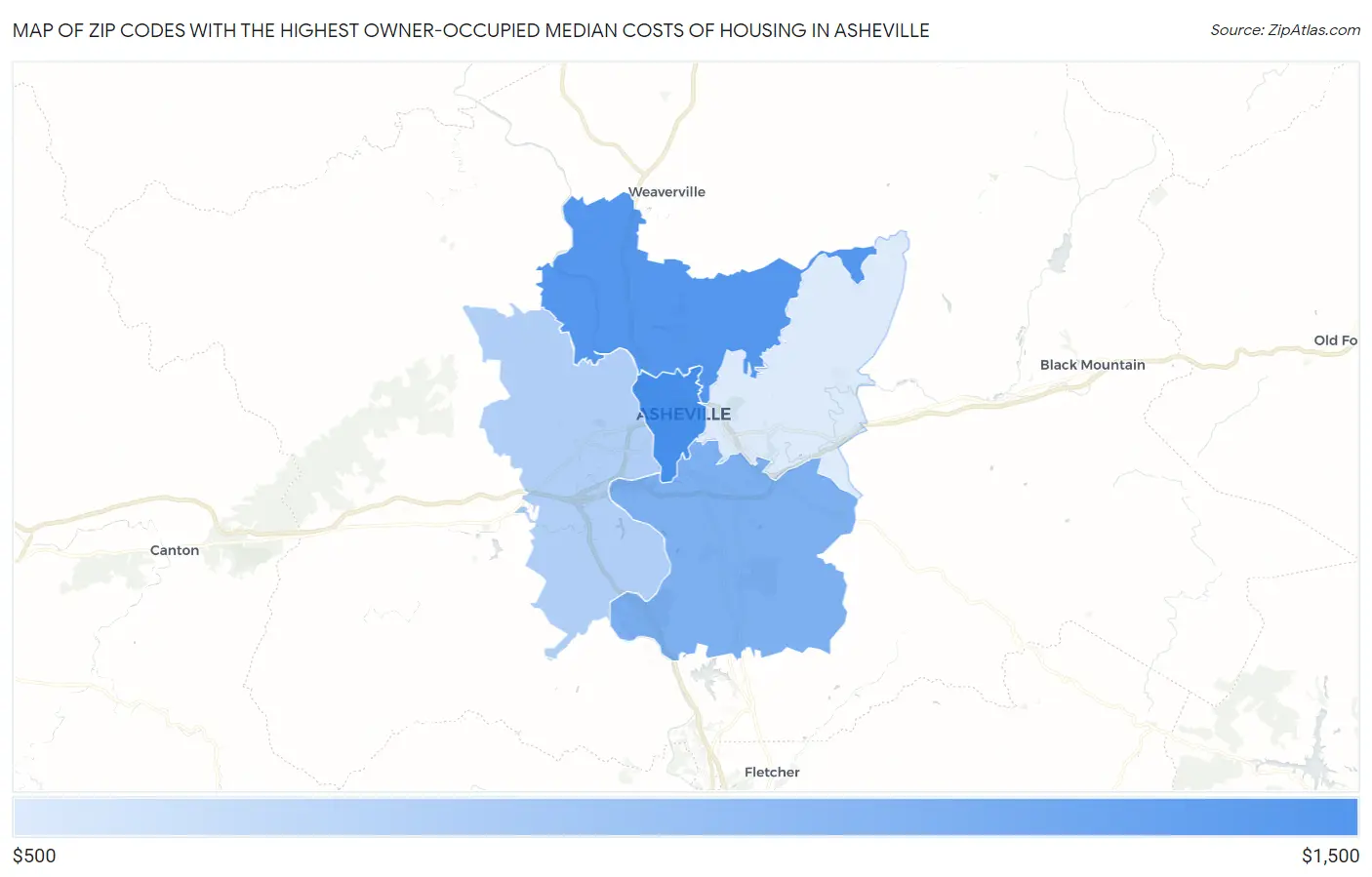 Zip Codes with the Highest Owner-Occupied Median Costs of Housing in Asheville Map