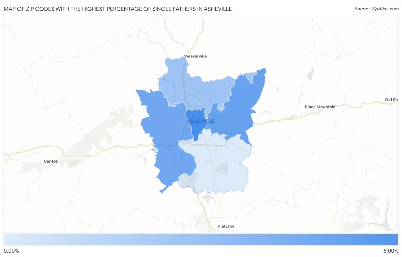 Zip Codes with the Highest Percentage of Single Fathers in Asheville Map