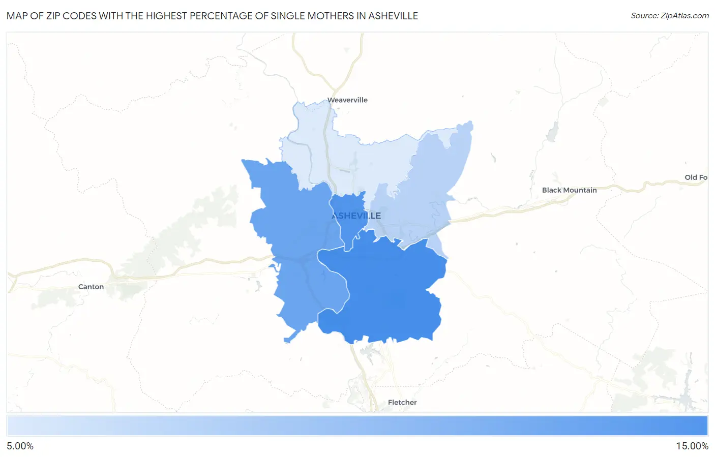 Zip Codes with the Highest Percentage of Single Mothers in Asheville Map