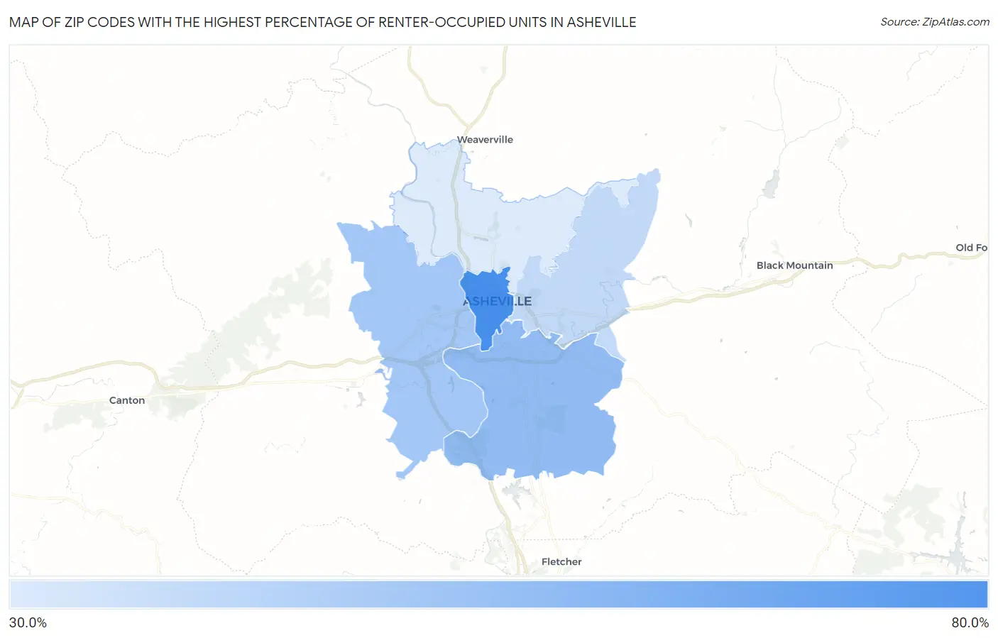 Zip Codes with the Highest Percentage of Renter-Occupied Units in Asheville Map