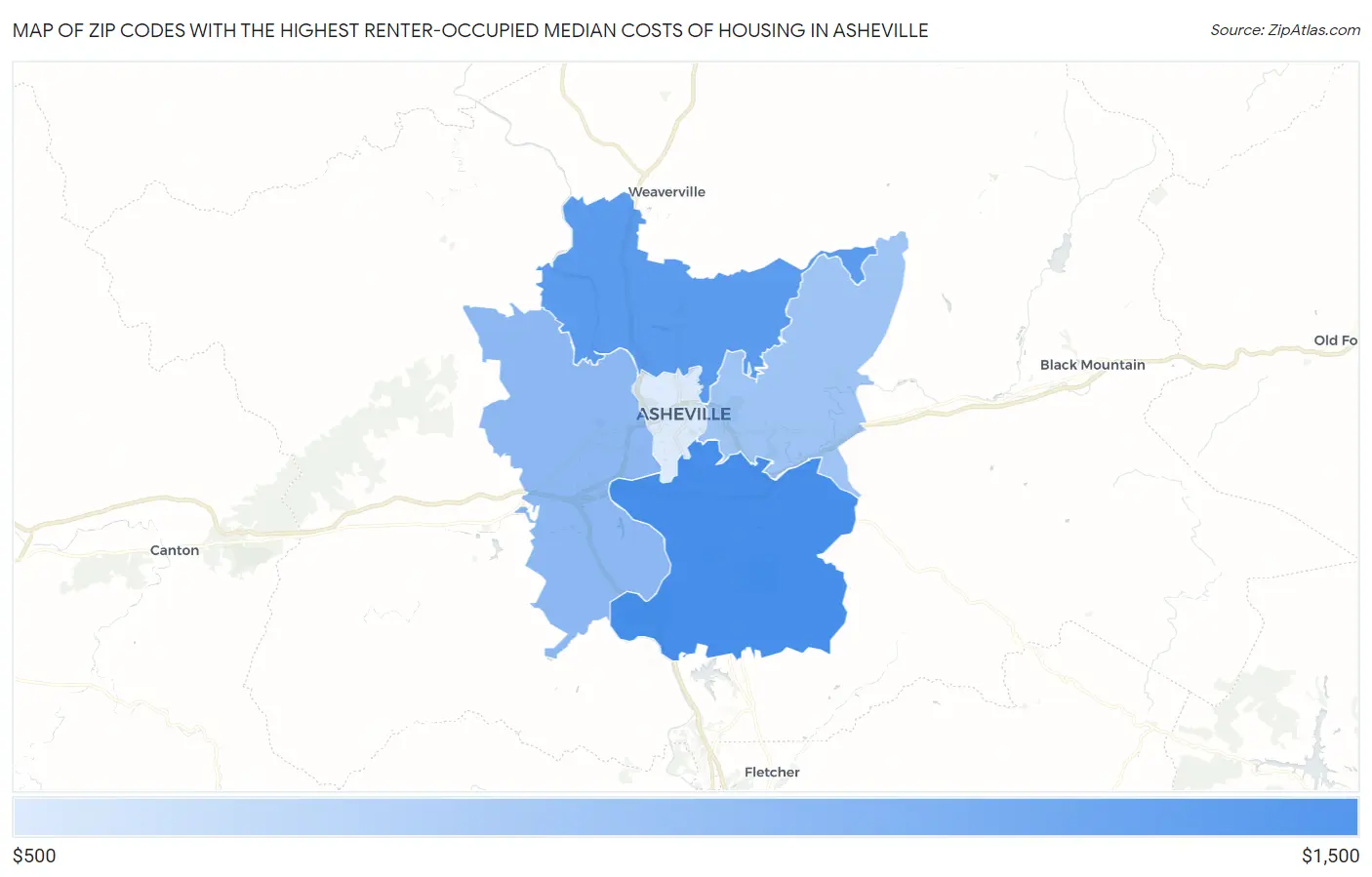 Zip Codes with the Highest Renter-Occupied Median Costs of Housing in Asheville Map