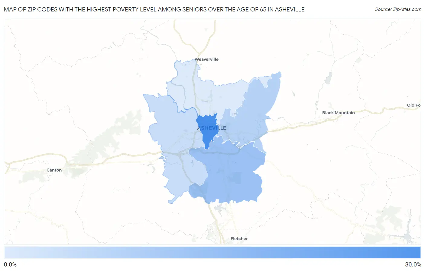 Zip Codes with the Highest Poverty Level Among Seniors Over the Age of 65 in Asheville Map
