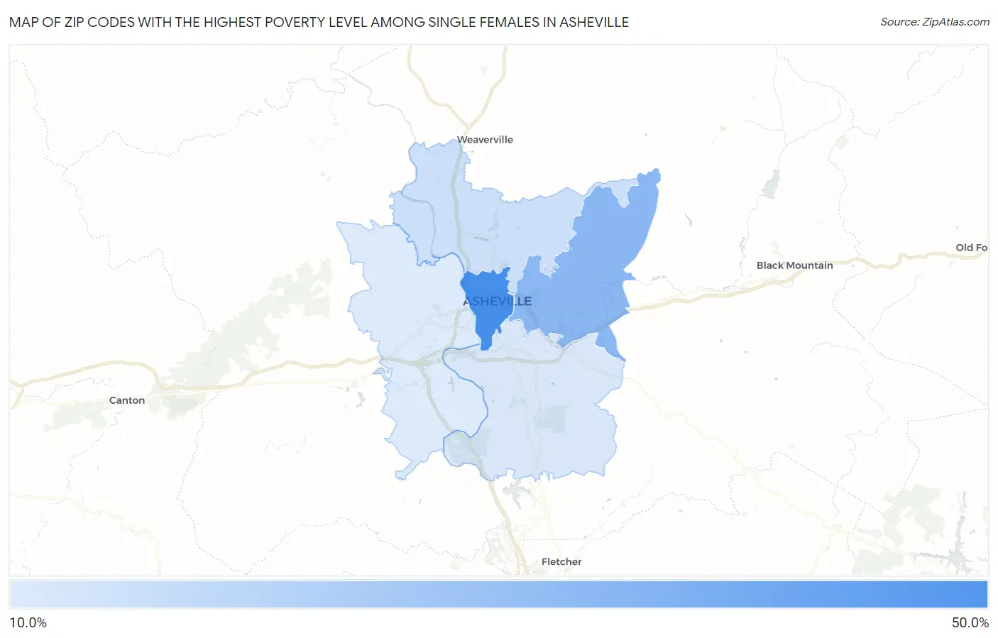 Zip Codes with the Highest Poverty Level Among Single Females in Asheville Map