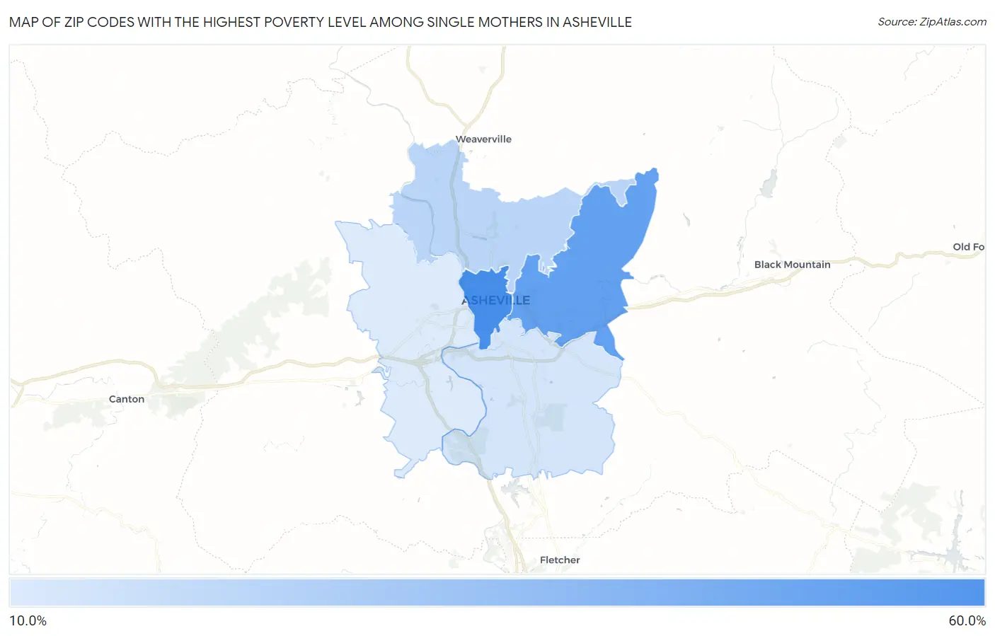 Zip Codes with the Highest Poverty Level Among Single Mothers in Asheville Map