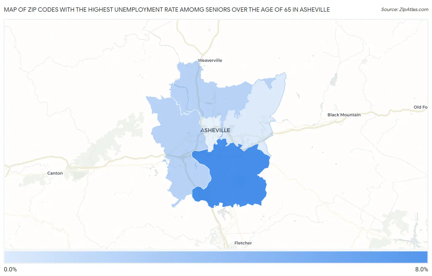 Zip Codes with the Highest Unemployment Rate Amomg Seniors Over the Age of 65 in Asheville Map
