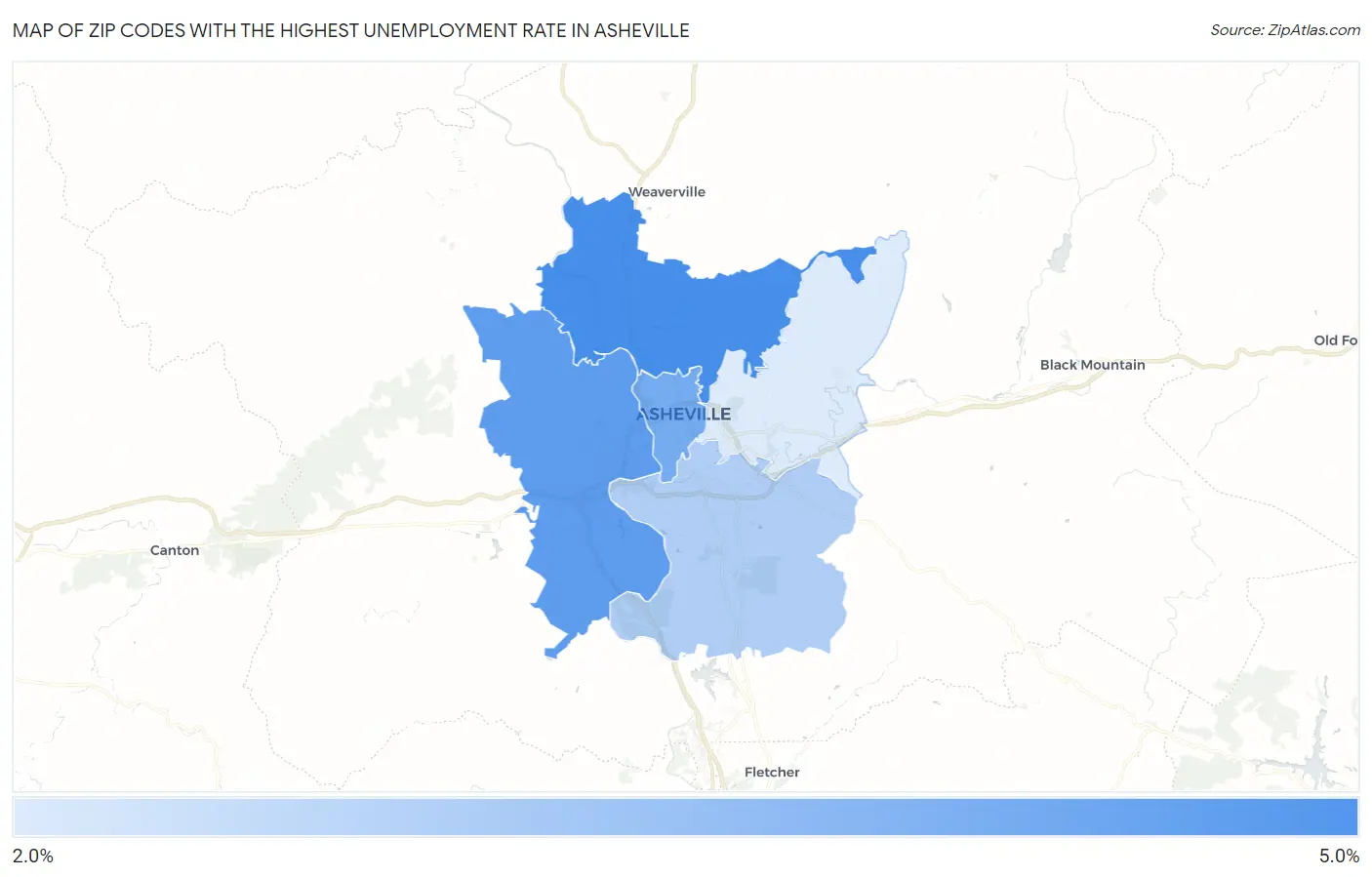 Zip Codes with the Highest Unemployment Rate in Asheville Map