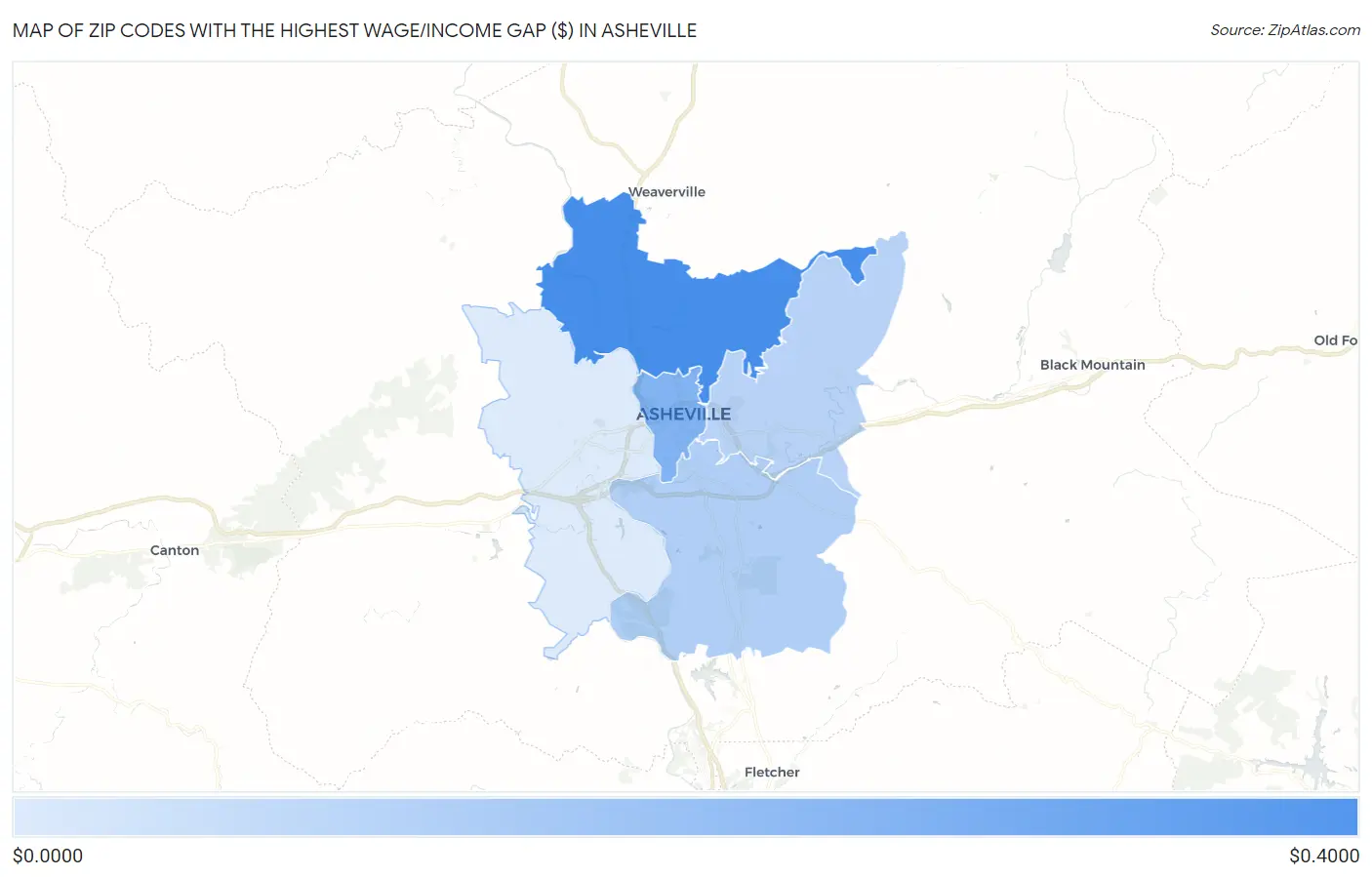 Zip Codes with the Highest Wage/Income Gap ($) in Asheville Map