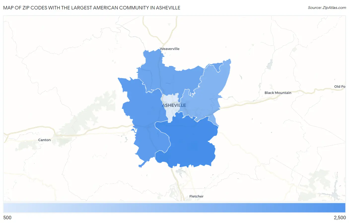 Zip Codes with the Largest American Community in Asheville Map