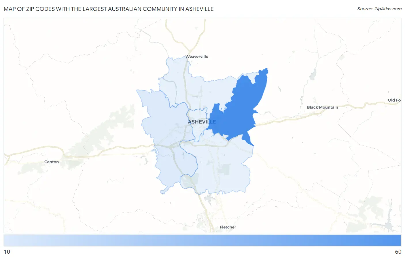 Zip Codes with the Largest Australian Community in Asheville Map