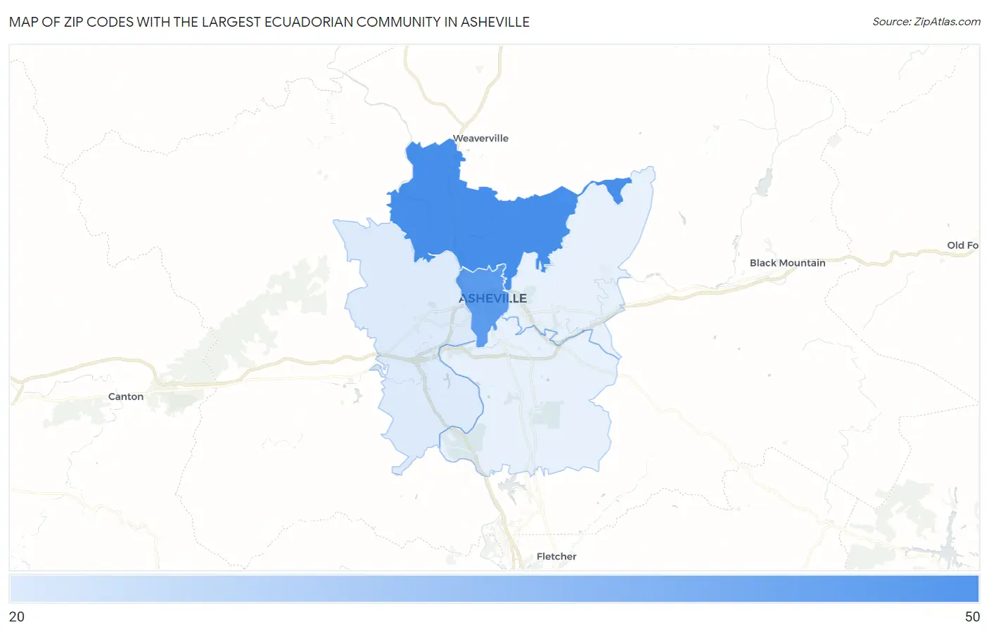 Zip Codes with the Largest Ecuadorian Community in Asheville Map