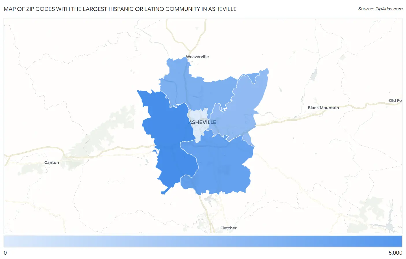 Zip Codes with the Largest Hispanic or Latino Community in Asheville Map