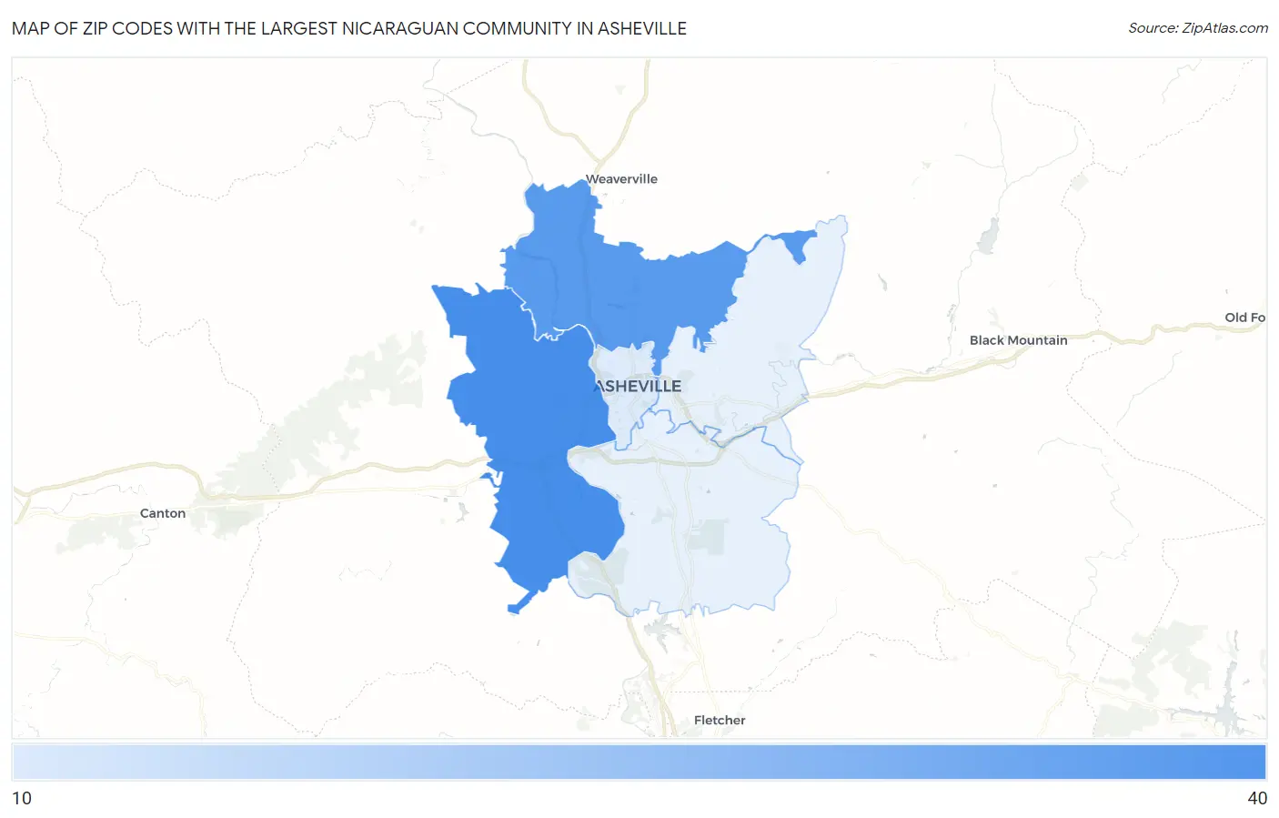 Zip Codes with the Largest Nicaraguan Community in Asheville Map