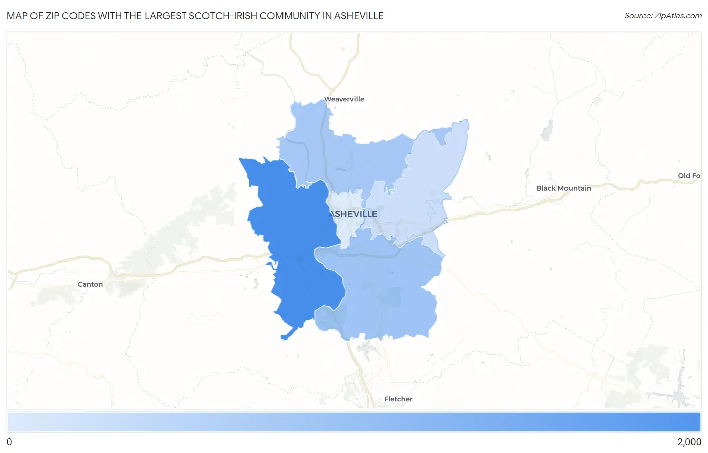 Zip Codes with the Largest Scotch-Irish Community in Asheville Map