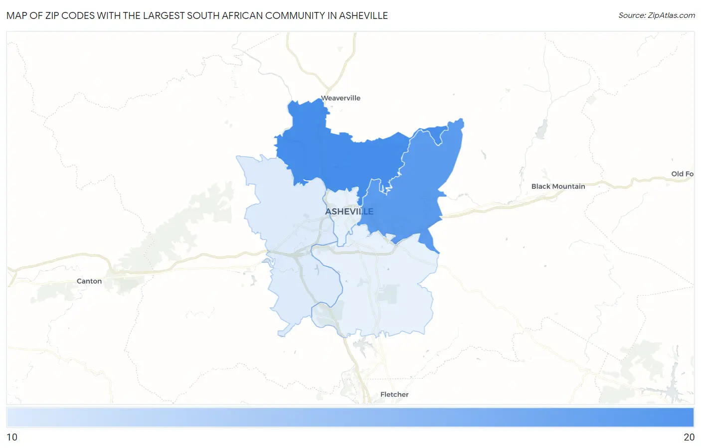 Zip Codes with the Largest South African Community in Asheville Map