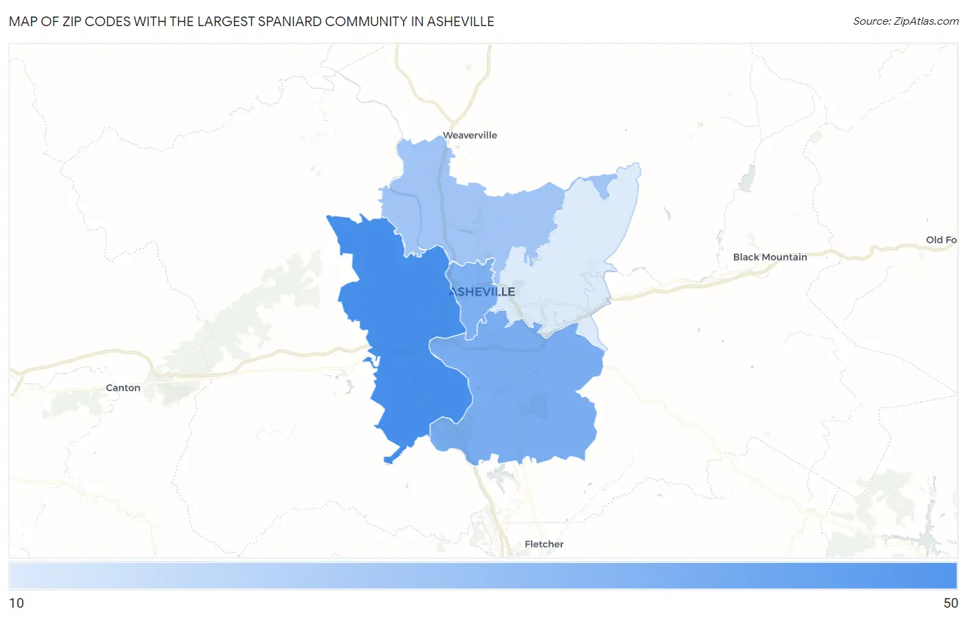 Zip Codes with the Largest Spaniard Community in Asheville Map