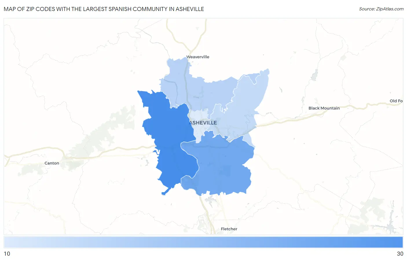 Zip Codes with the Largest Spanish Community in Asheville Map