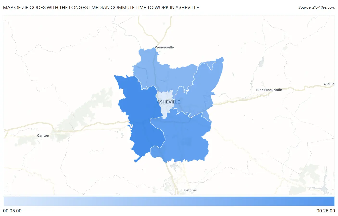 Zip Codes with the Longest Median Commute Time to Work in Asheville Map