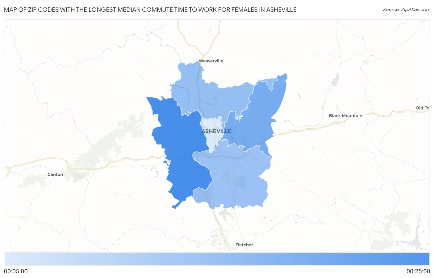 Zip Codes with the Longest Median Commute Time to Work for Females in Asheville Map
