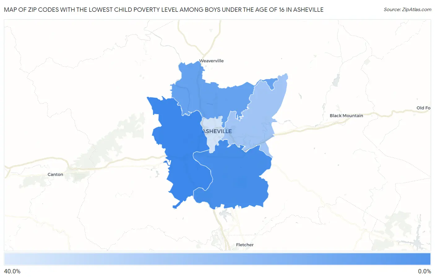 Zip Codes with the Lowest Child Poverty Level Among Boys Under the Age of 16 in Asheville Map