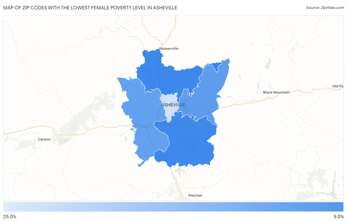 Zip Codes with the Lowest Female Poverty Level in Asheville Map