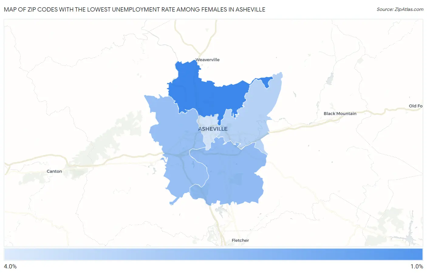 Zip Codes with the Lowest Unemployment Rate Among Females in Asheville Map