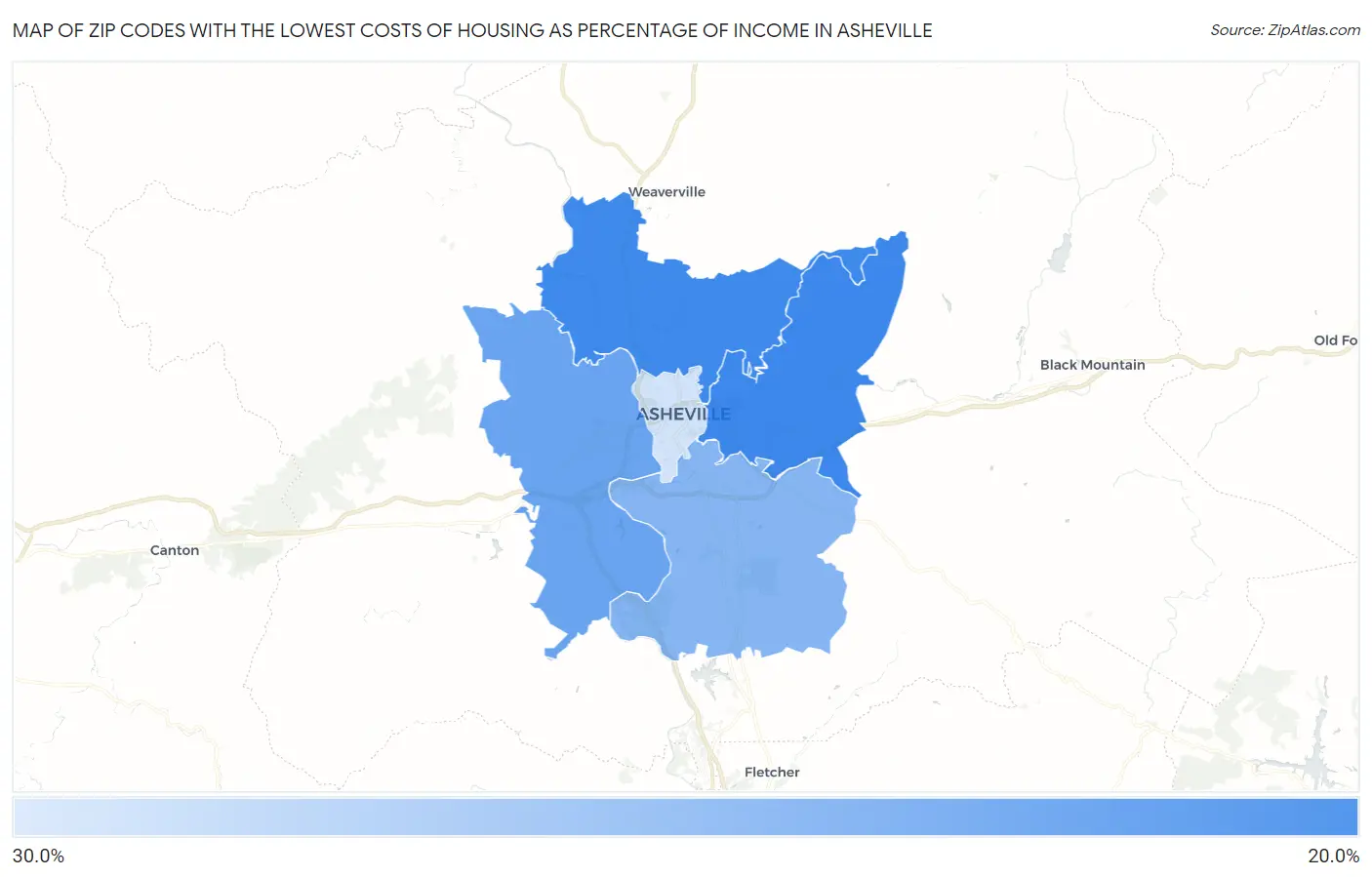 Zip Codes with the Lowest Costs of Housing as Percentage of Income in Asheville Map