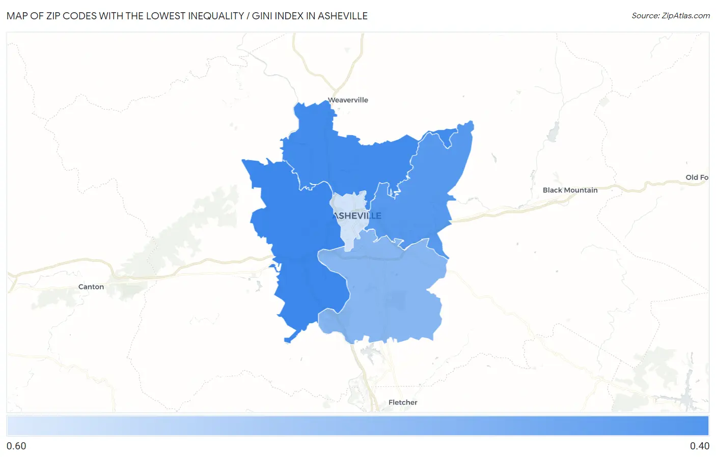 Zip Codes with the Lowest Inequality / Gini Index in Asheville Map