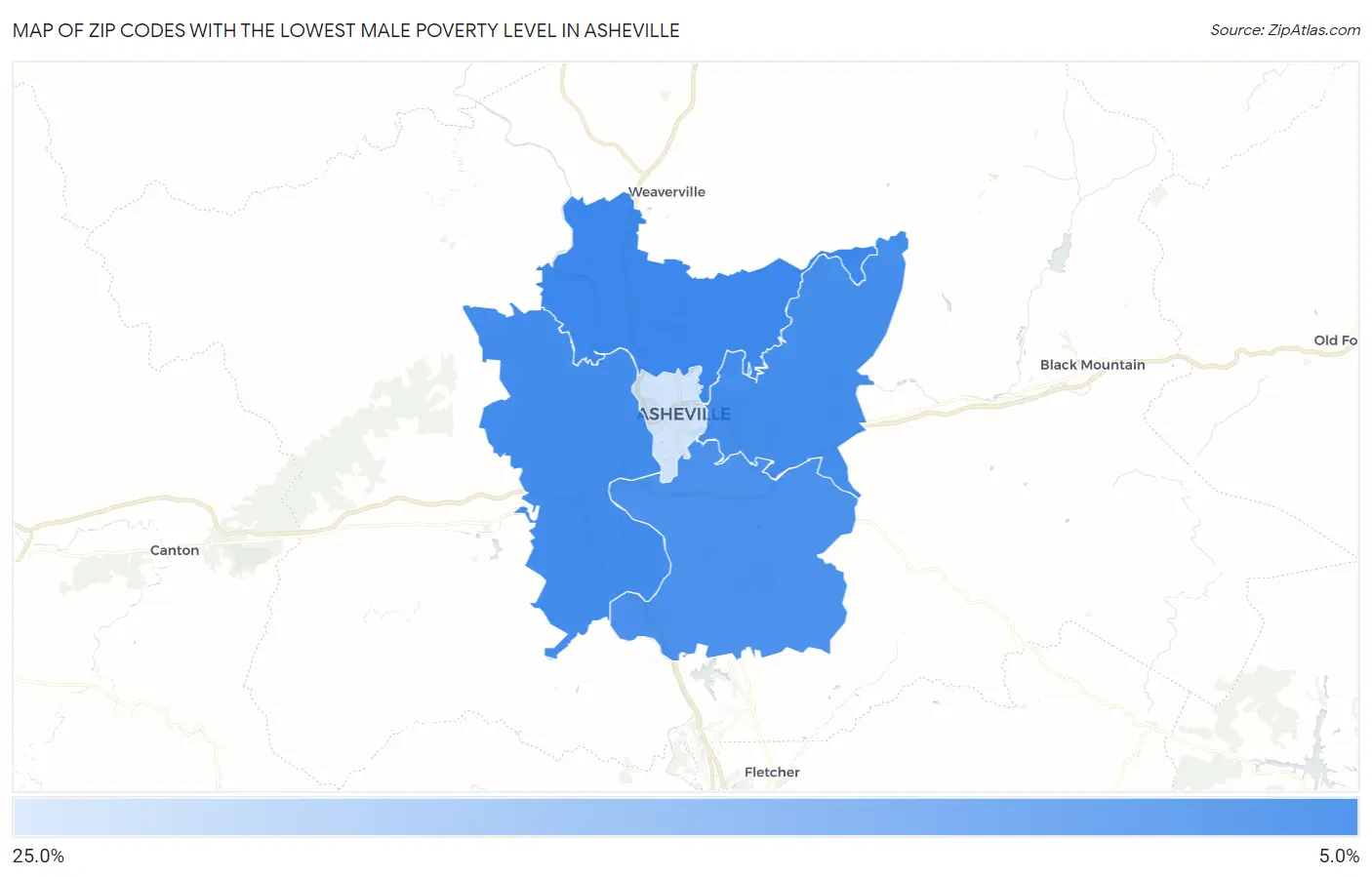 Zip Codes with the Lowest Male Poverty Level in Asheville Map