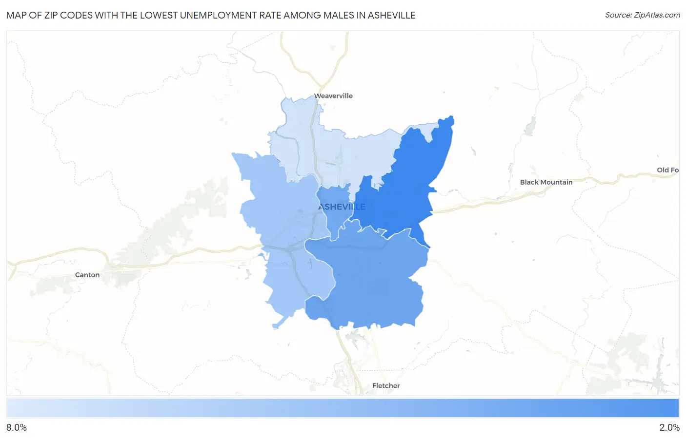 Zip Codes with the Lowest Unemployment Rate Among Males in Asheville Map