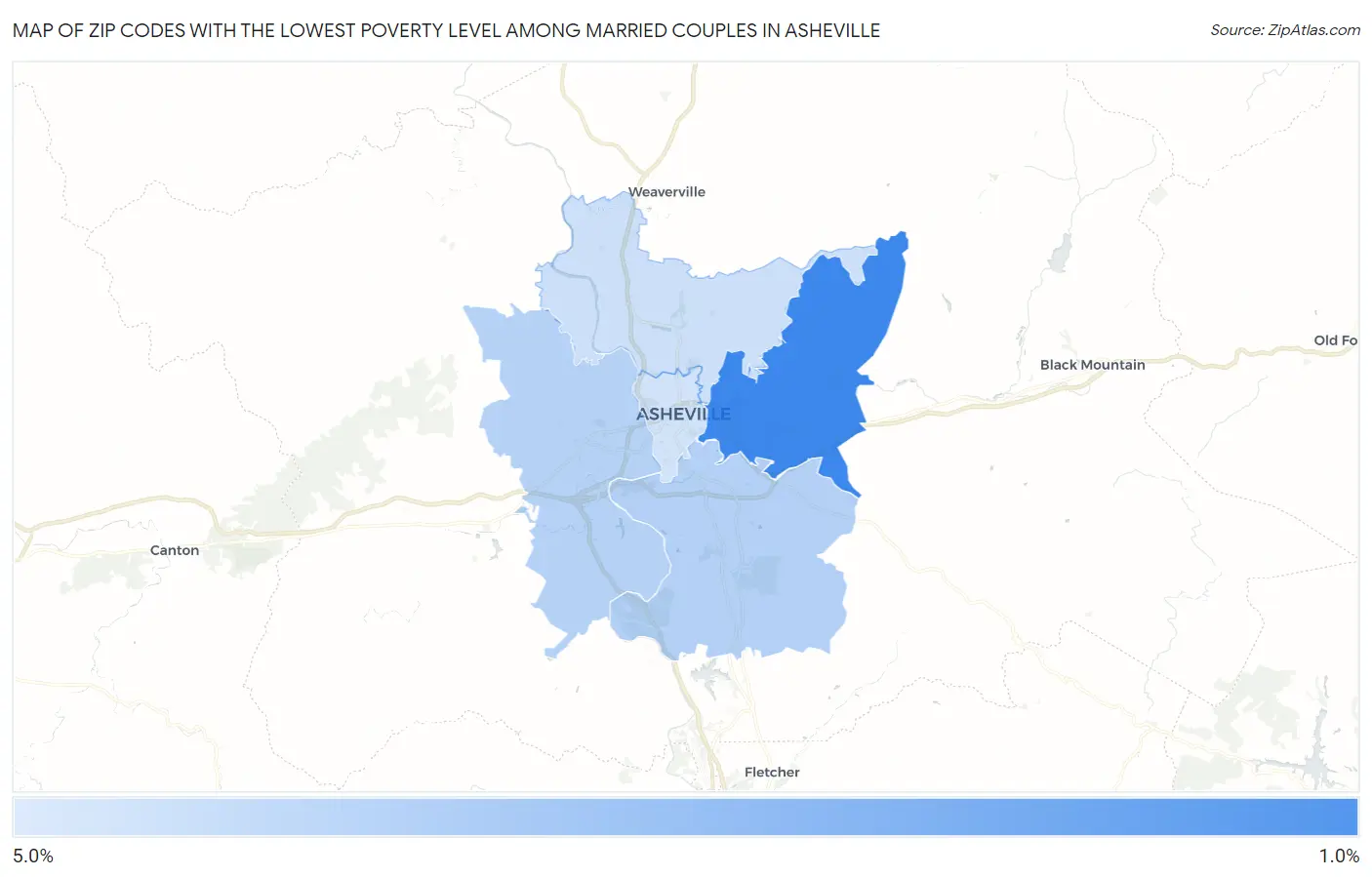 Zip Codes with the Lowest Poverty Level Among Married Couples in Asheville Map