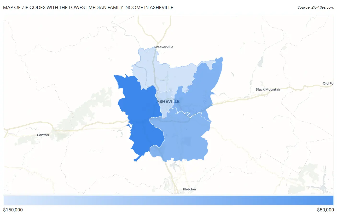 Zip Codes with the Lowest Median Family Income in Asheville Map
