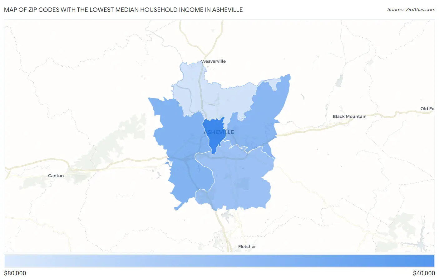 Zip Codes with the Lowest Median Household Income in Asheville Map