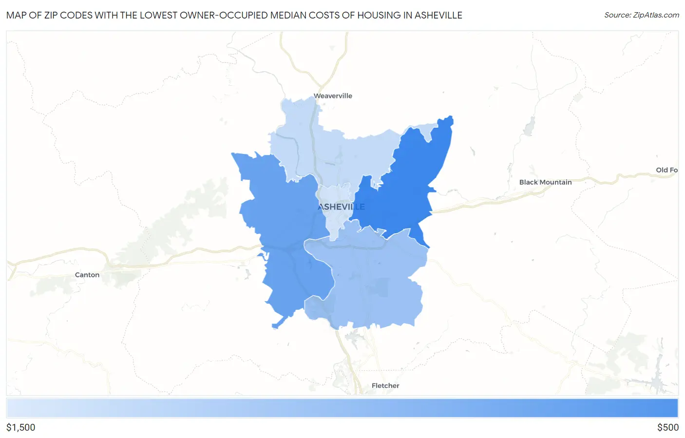 Zip Codes with the Lowest Owner-Occupied Median Costs of Housing in Asheville Map