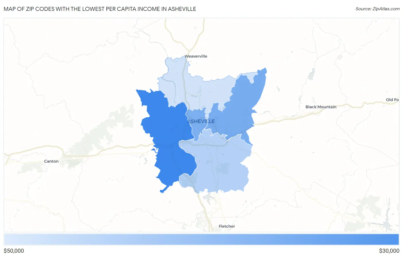 Zip Codes with the Lowest Per Capita Income in Asheville Map
